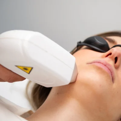 Una cliente mentre si sottopone a un trattamento di epilazione laser al viso